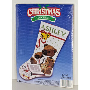 VTG Night Before Christmas Teddy Bear Cross Stitch Stocking Good Shepherd #87212